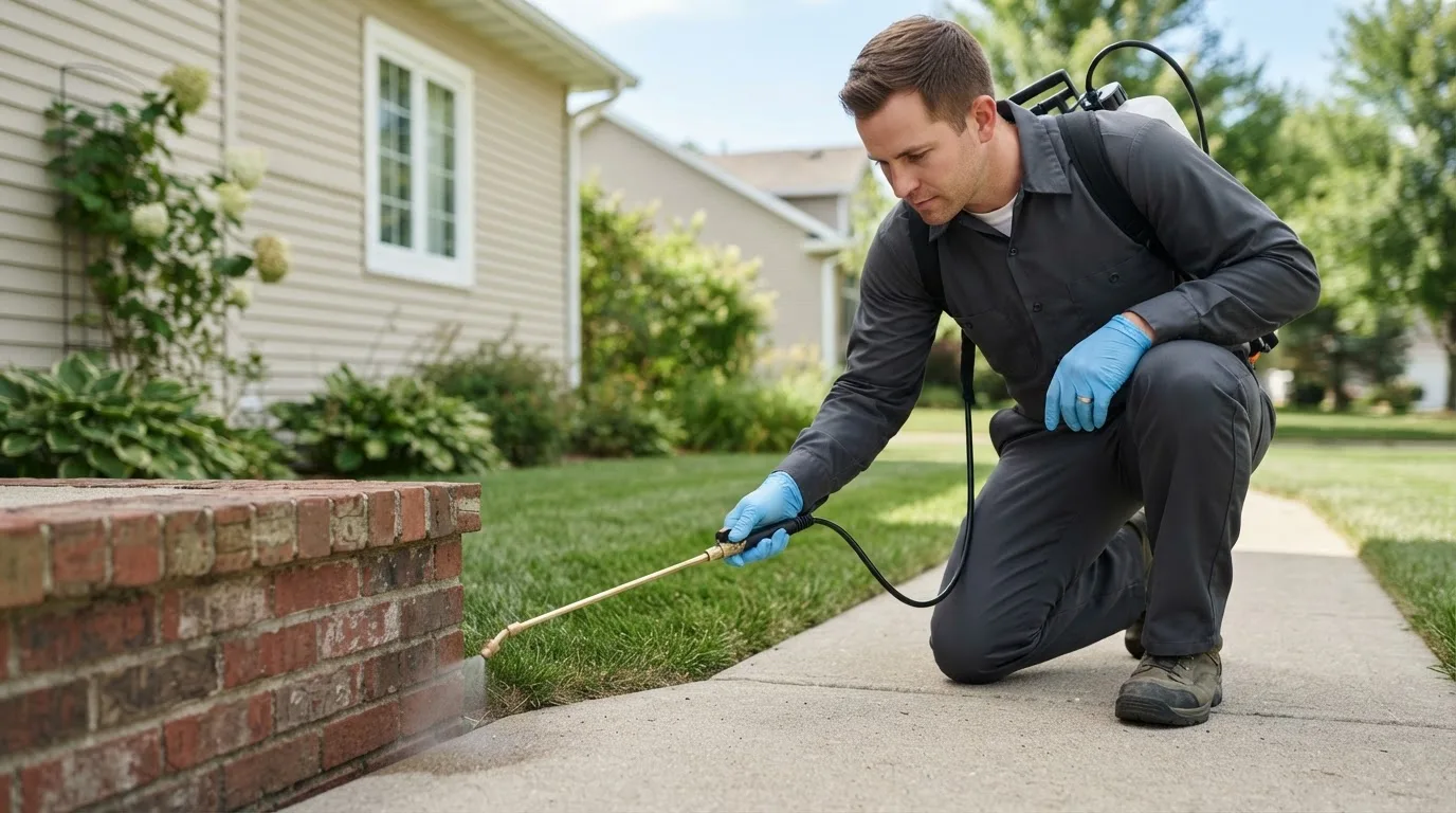 Pest control technician treating a home near Hays, KS